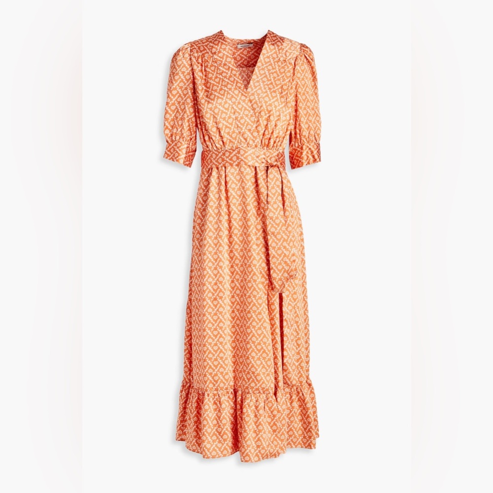 NWT! Sandro Enrika Puff-Sleeve Silky Satin Twill Midi Wrap Dress, Orange: 6 (38)